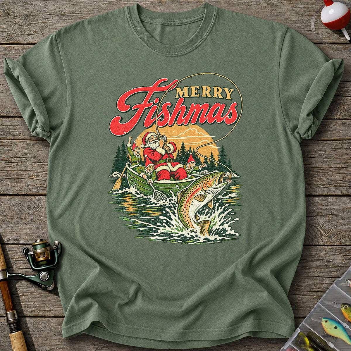 Merry Fishmas Santa and Elves Trout Fishing Christmas T-Shirt