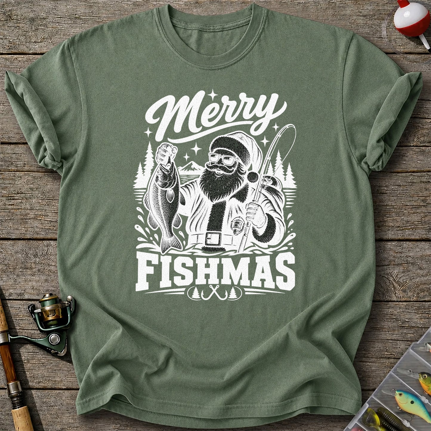 Merry Fishmas Santa Fishing Christmas Graphic T-Shirt