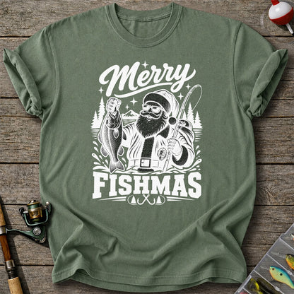 Merry Fishmas Santa Fishing Christmas Graphic T-Shirt