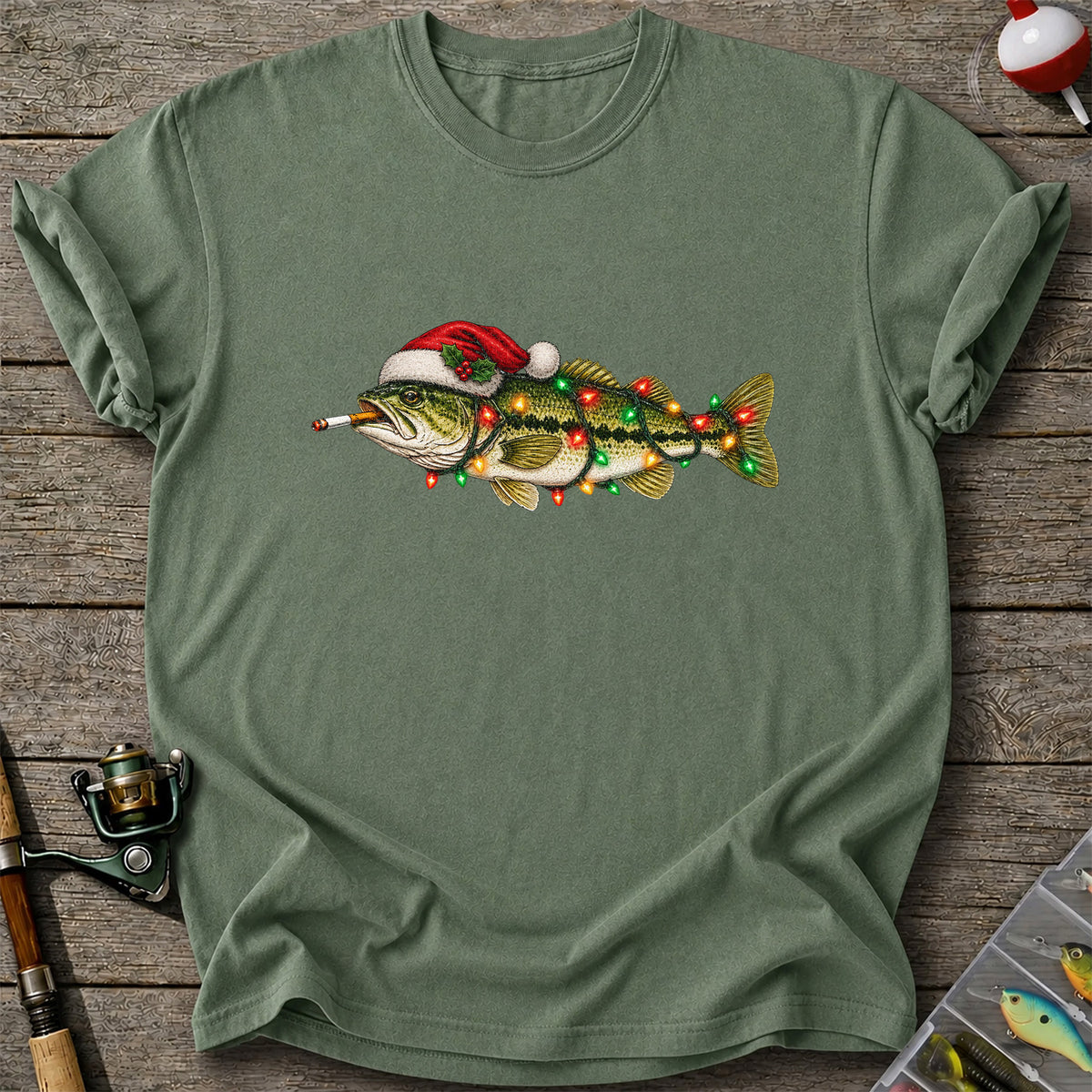 Christmas Bass Fishing Lights and Santa Hat Graphic T-Shirt