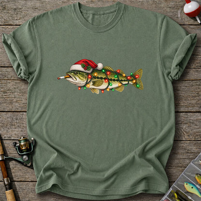Christmas Bass Fishing Lights and Santa Hat Graphic T-Shirt