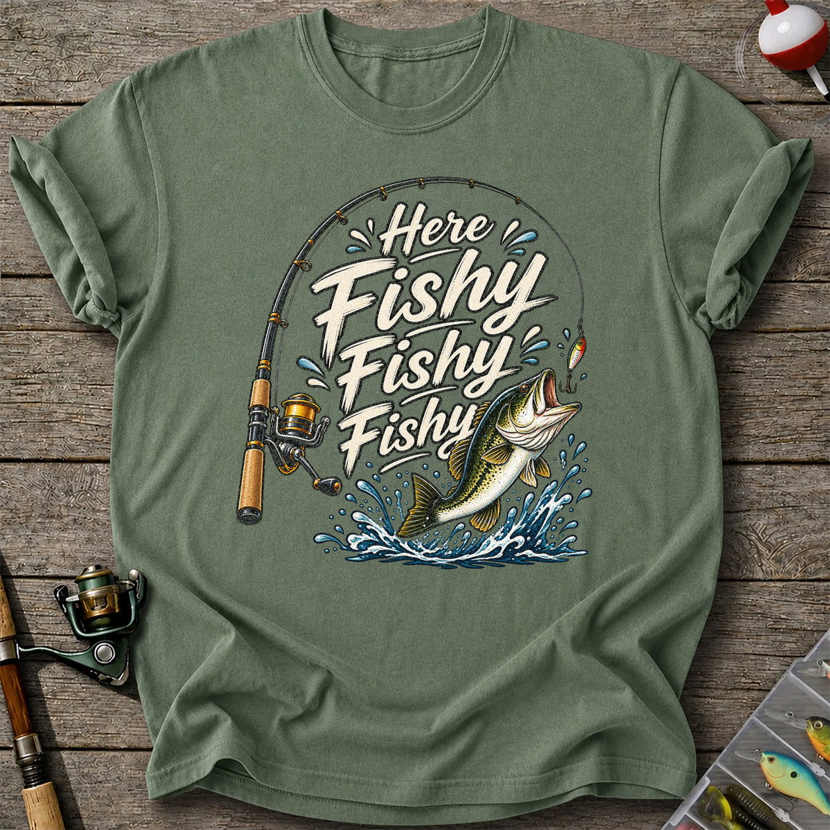 Here Fishy Fishy Fishy Funny Bass Fishing Graphic T-Shirt