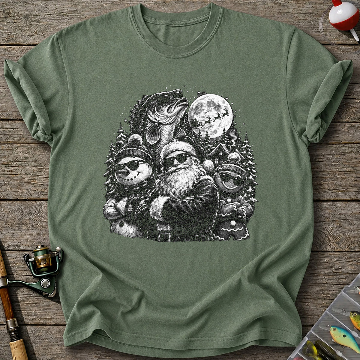 Santa Snowman Gingerbread and Bass Christmas Fishing T-Shirt