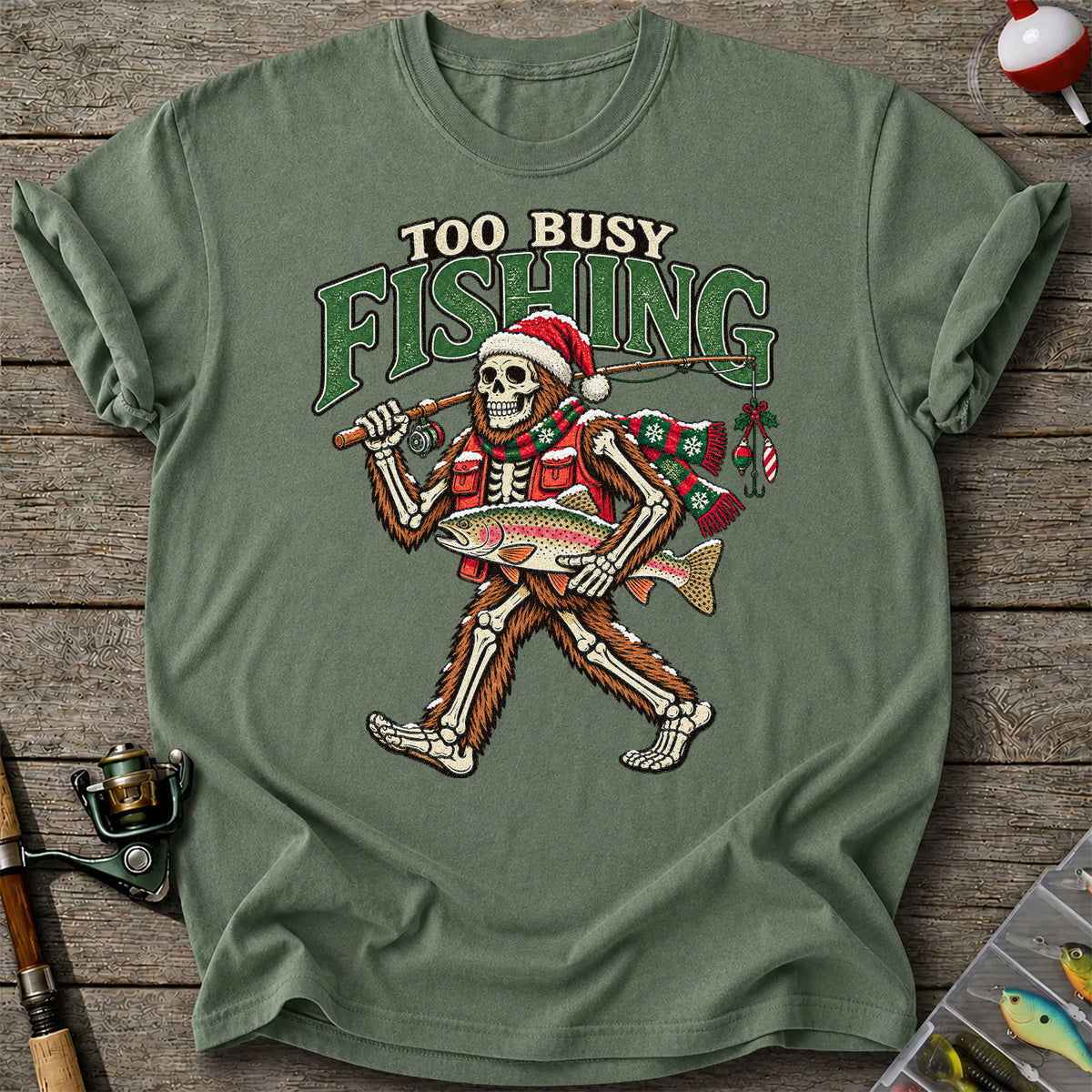 Too Busy Fishing Bigfoot Skeleton Christmas Trout T-Shirt