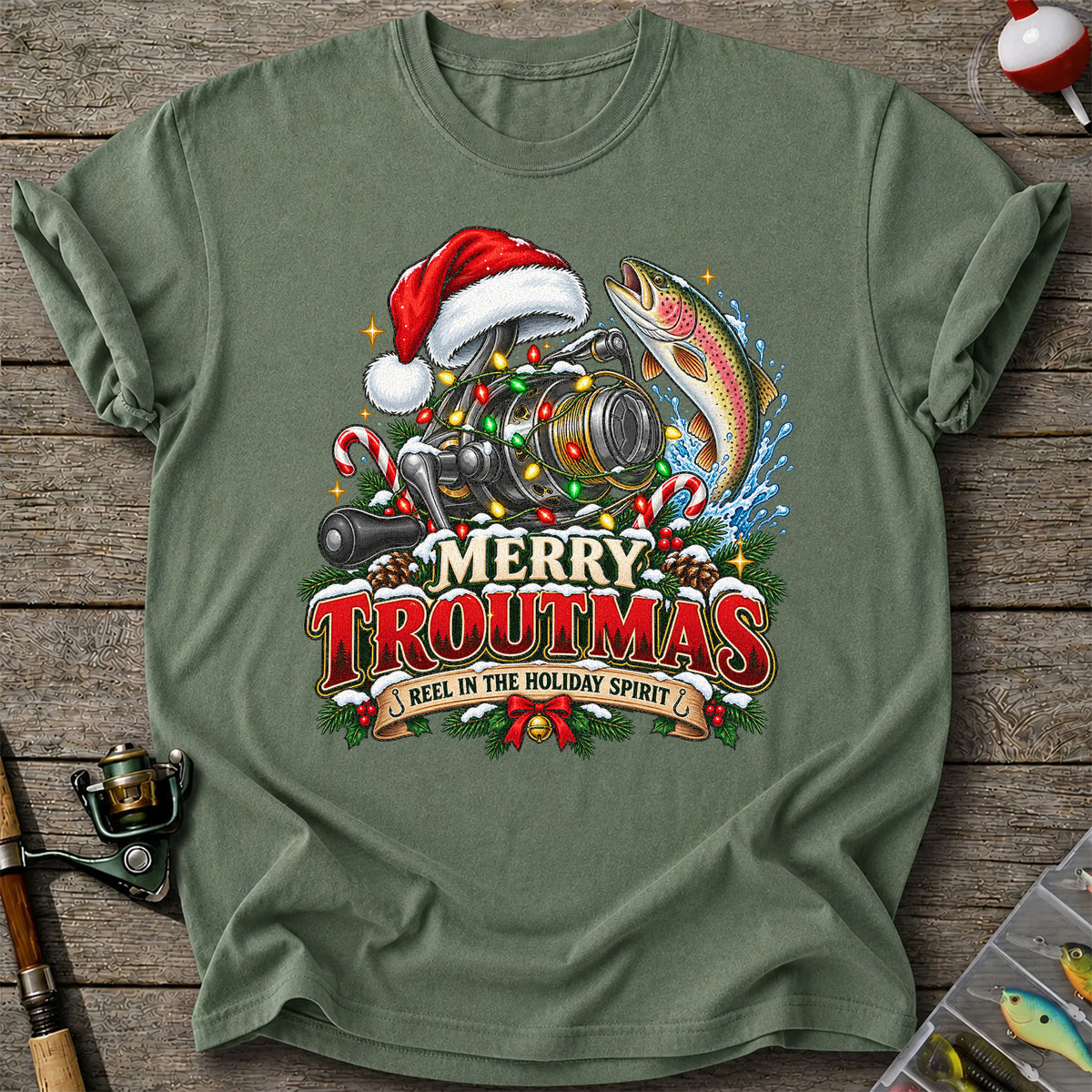 Merry Troutmas Reel in the Holiday Spirit Rainbow Trout and Fishing Reel T-Shirt