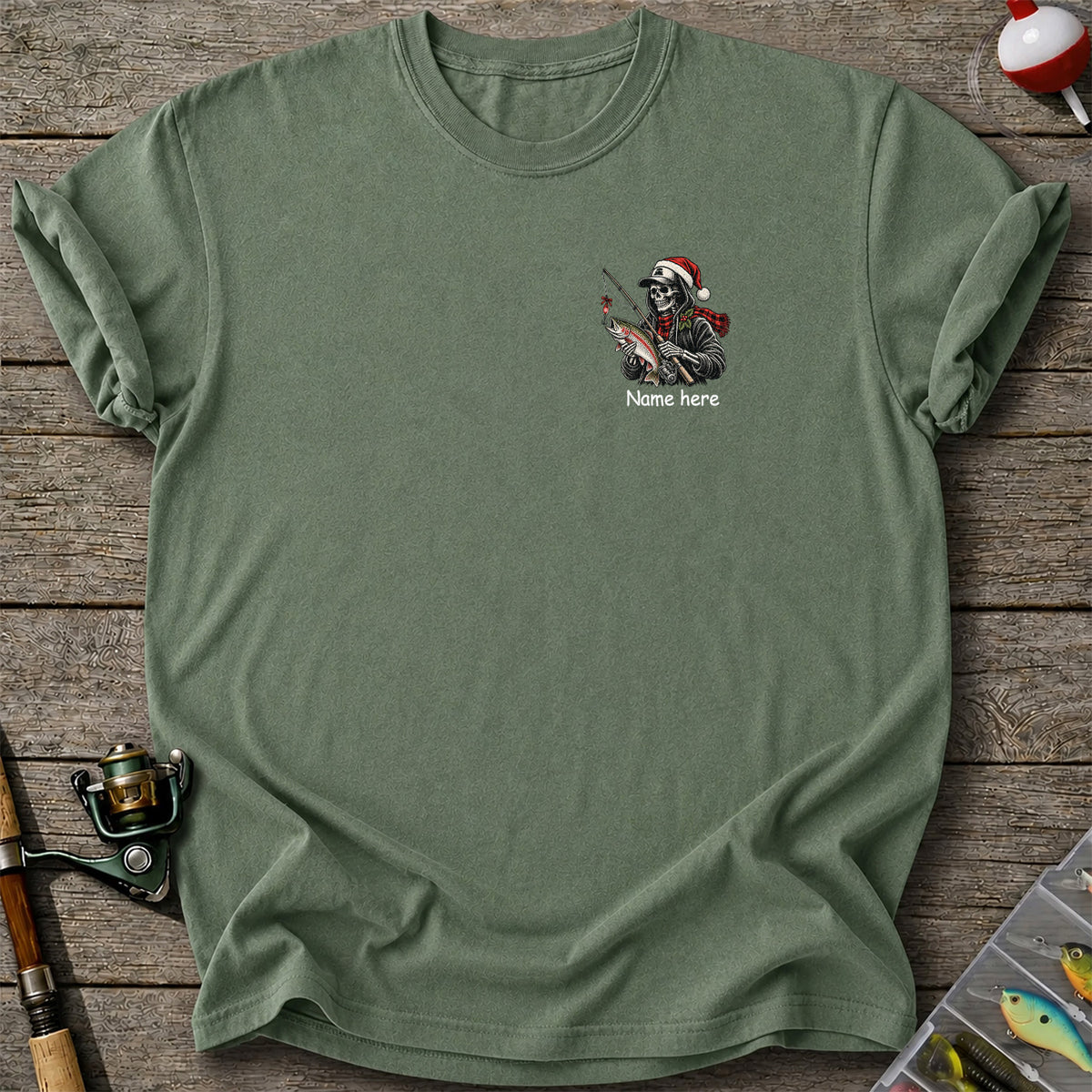 Name Here Personalized Christmas Skeleton Trout Fishing T-Shirt