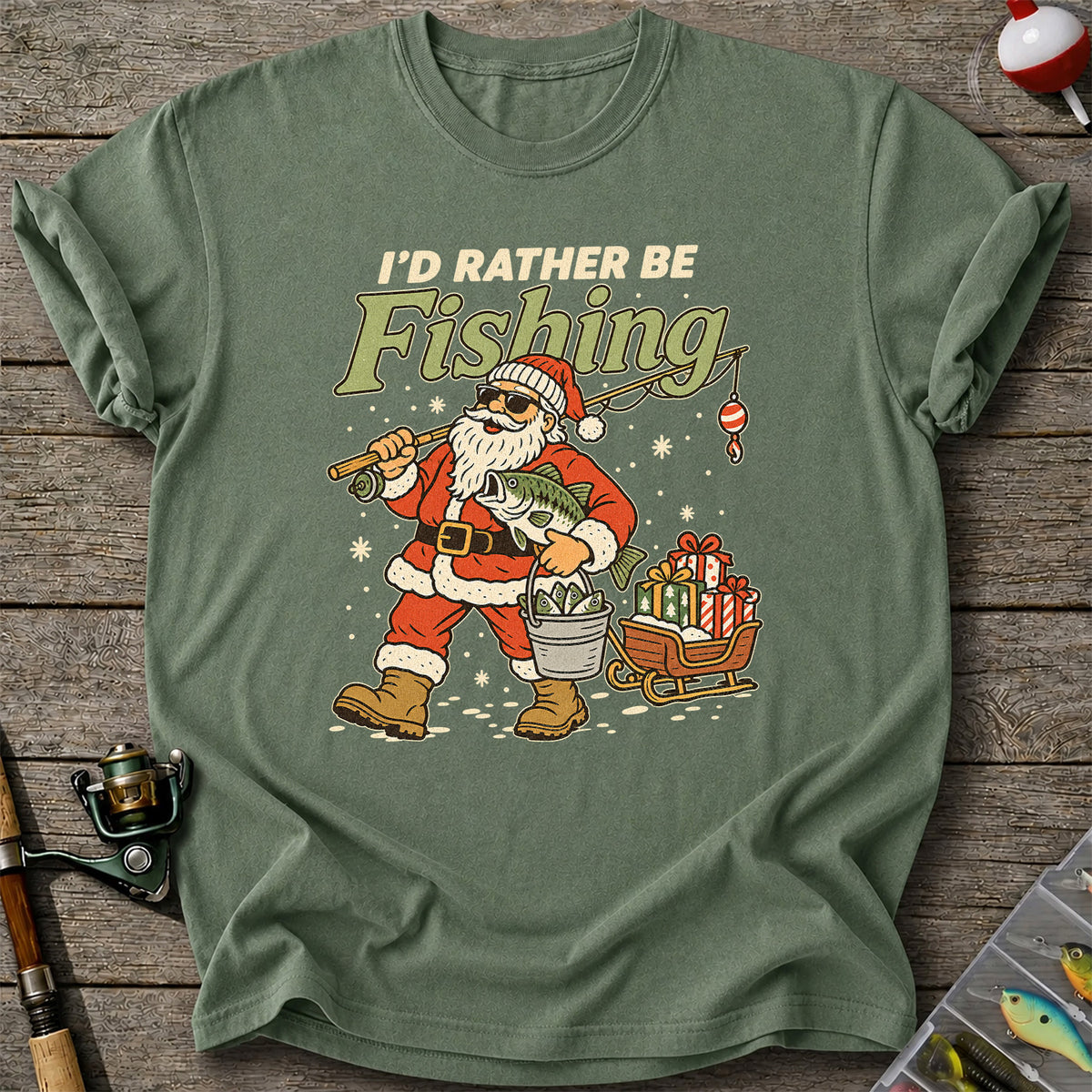Santa Claus Fishing with Bass Christmas T-Shirt