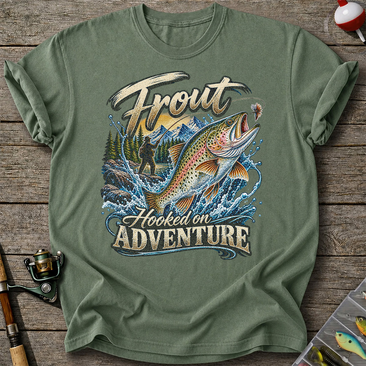 Trout Hooked on Adventure Mountain Fly Fishing T-Shirt