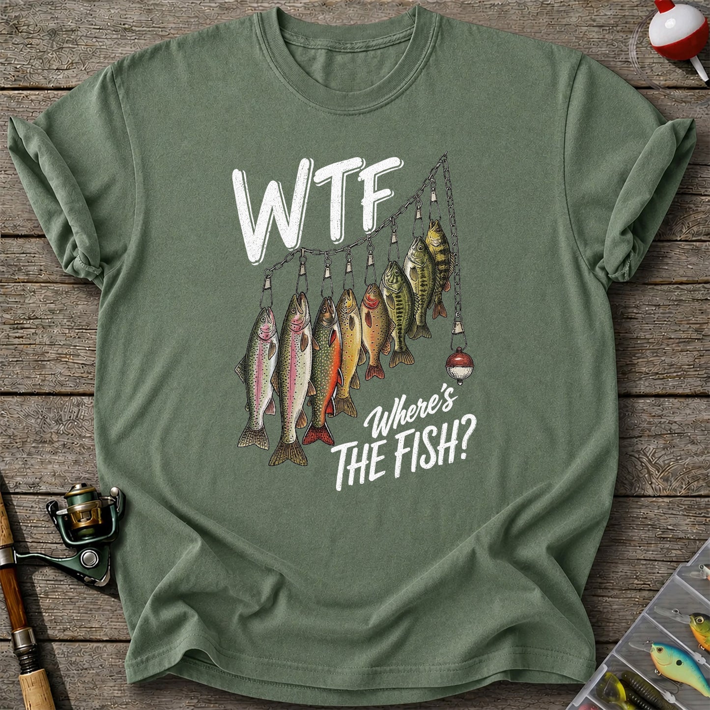 WTF Where's the Fish Trout and Bass Stringer Funny Fishing T-Shirt