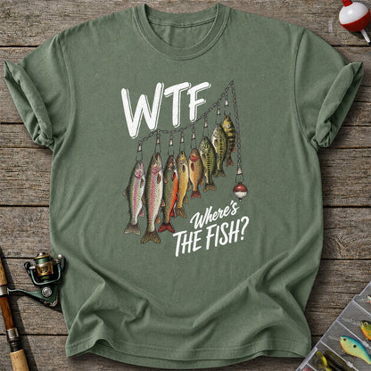 WTF Where's the Fish Trout and Bass Stringer Funny Fishing T-Shirt