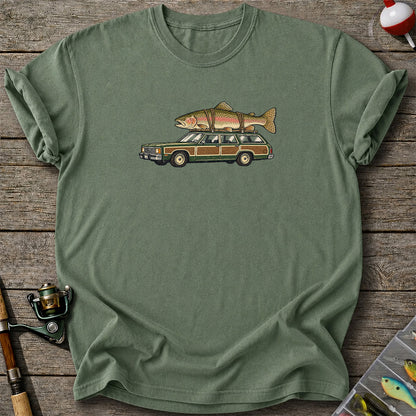 Vintage Station Wagon Carrying Rainbow Trout Fishing T-Shirt