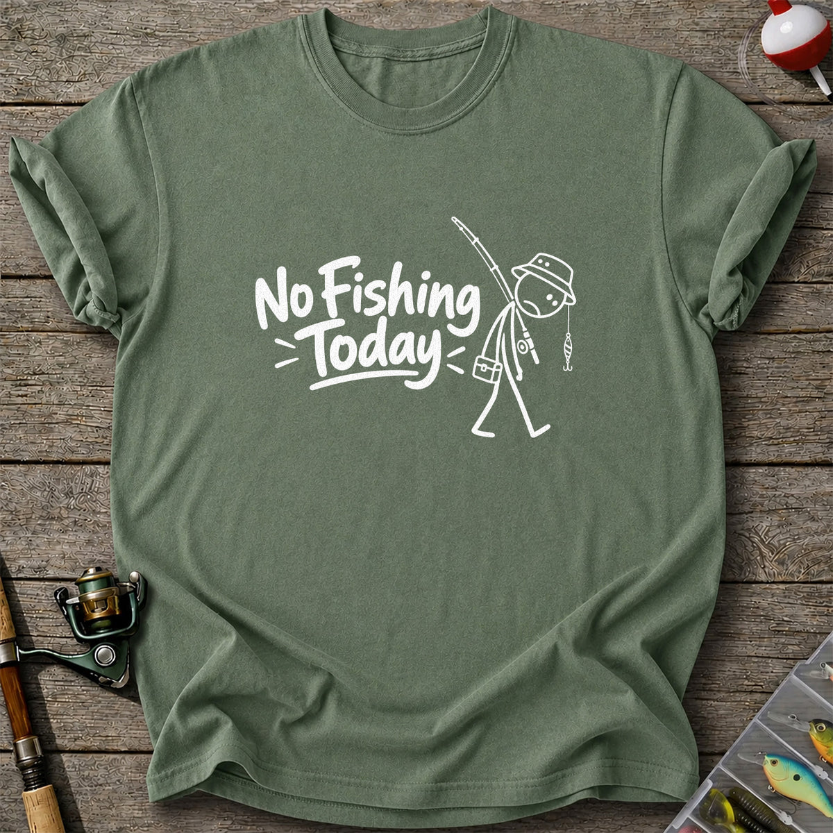 No Fishing Today Funny Stick Figure Angler Graphic T-Shirt