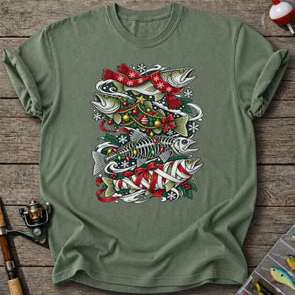 Christmas Trout and Fish Skeleton Holiday Fishing T-Shirt