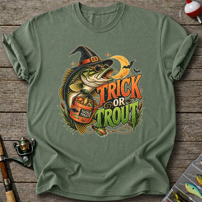 Trick or Trout Bass in Witch Hat with Tackle Treats Halloween Fishing T-Shirt
