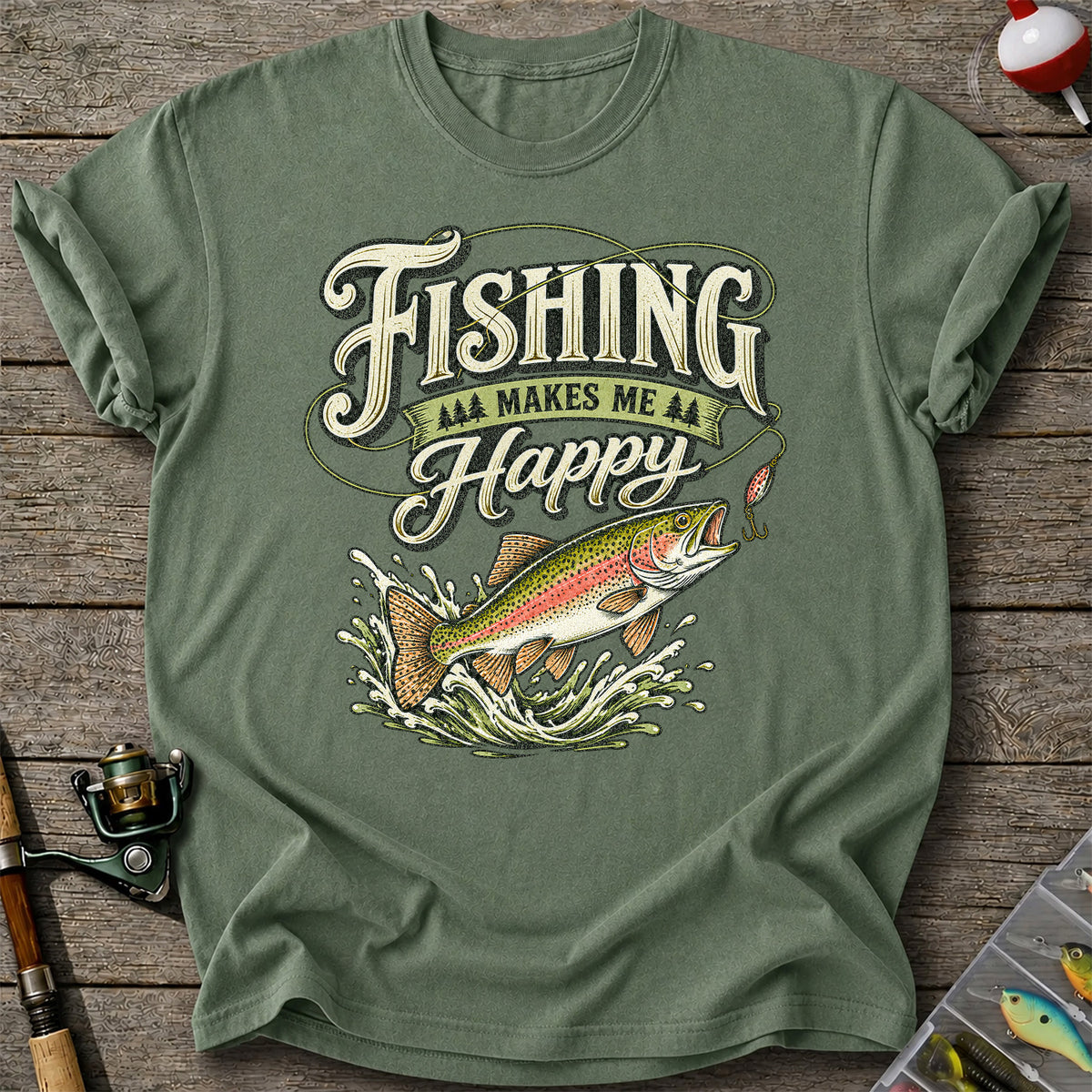 Fishing Makes Me Happy Rainbow Trout Vintage Graphic T-Shirt