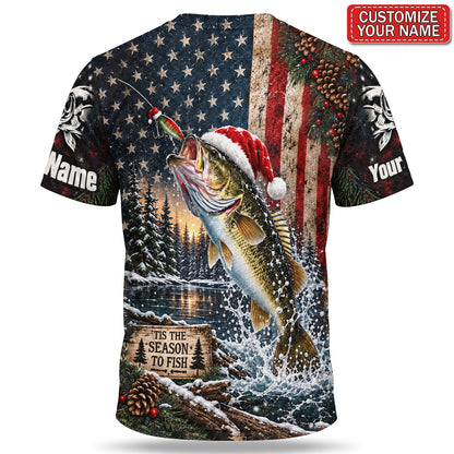 Personalized Santa Fish American Flag Fishing T-Shirt