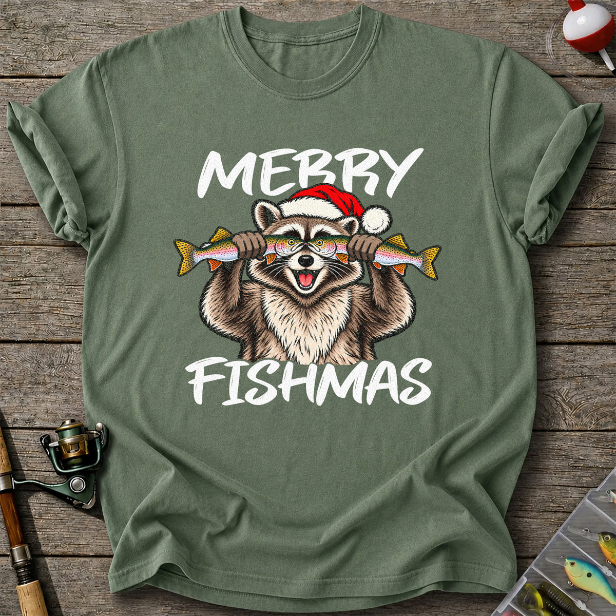 Merry Fishmas Raccoon Rainbow Trout Christmas Fishing T-Shirt