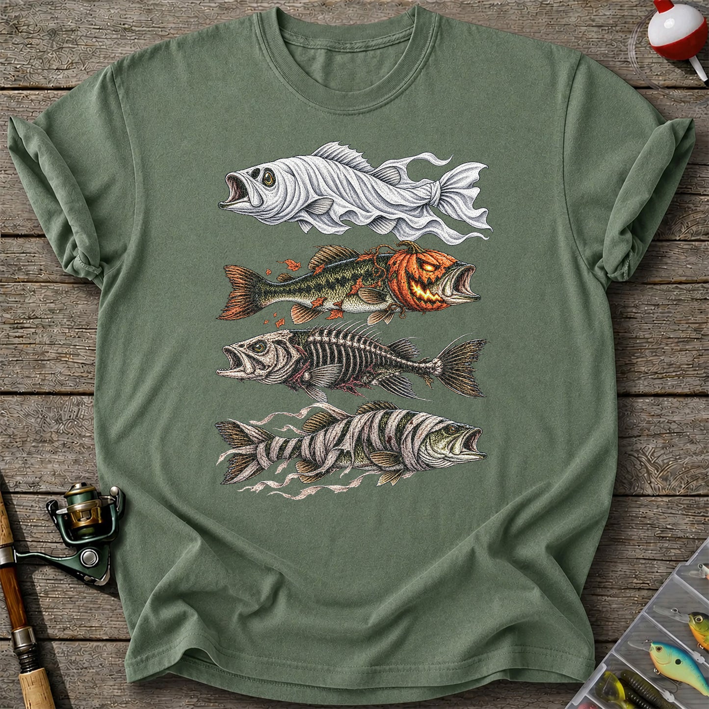 Halloween Bass Ghost Pumpkin Skeleton and Mummy Fish Graphic T-Shirt