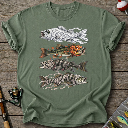 Halloween Bass Ghost Pumpkin Skeleton and Mummy Fish Graphic T-Shirt