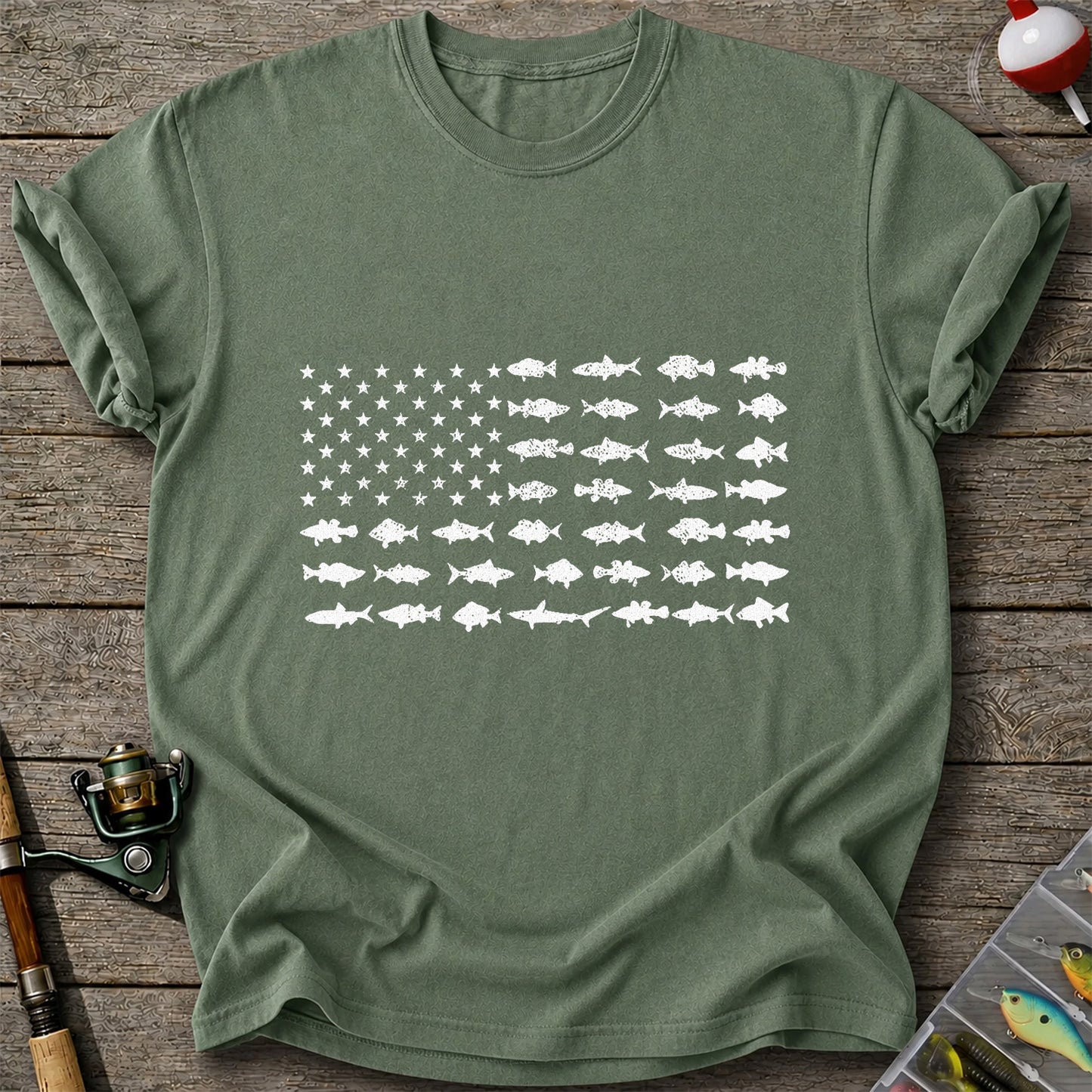 American Flag Made of Fish Silhouettes Fishing Graphic T-Shirt