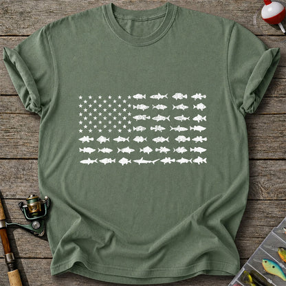 American Flag Made of Fish Silhouettes Fishing Graphic T-Shirt