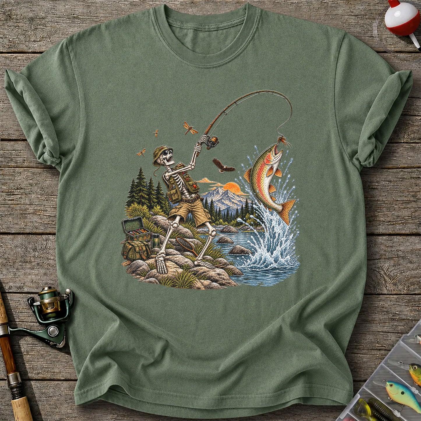 Skeleton Angler Catching Trout at a Mountain Lake Fishing T-Shirt