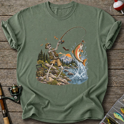 Skeleton Angler Catching Trout at a Mountain Lake Fishing T-Shirt