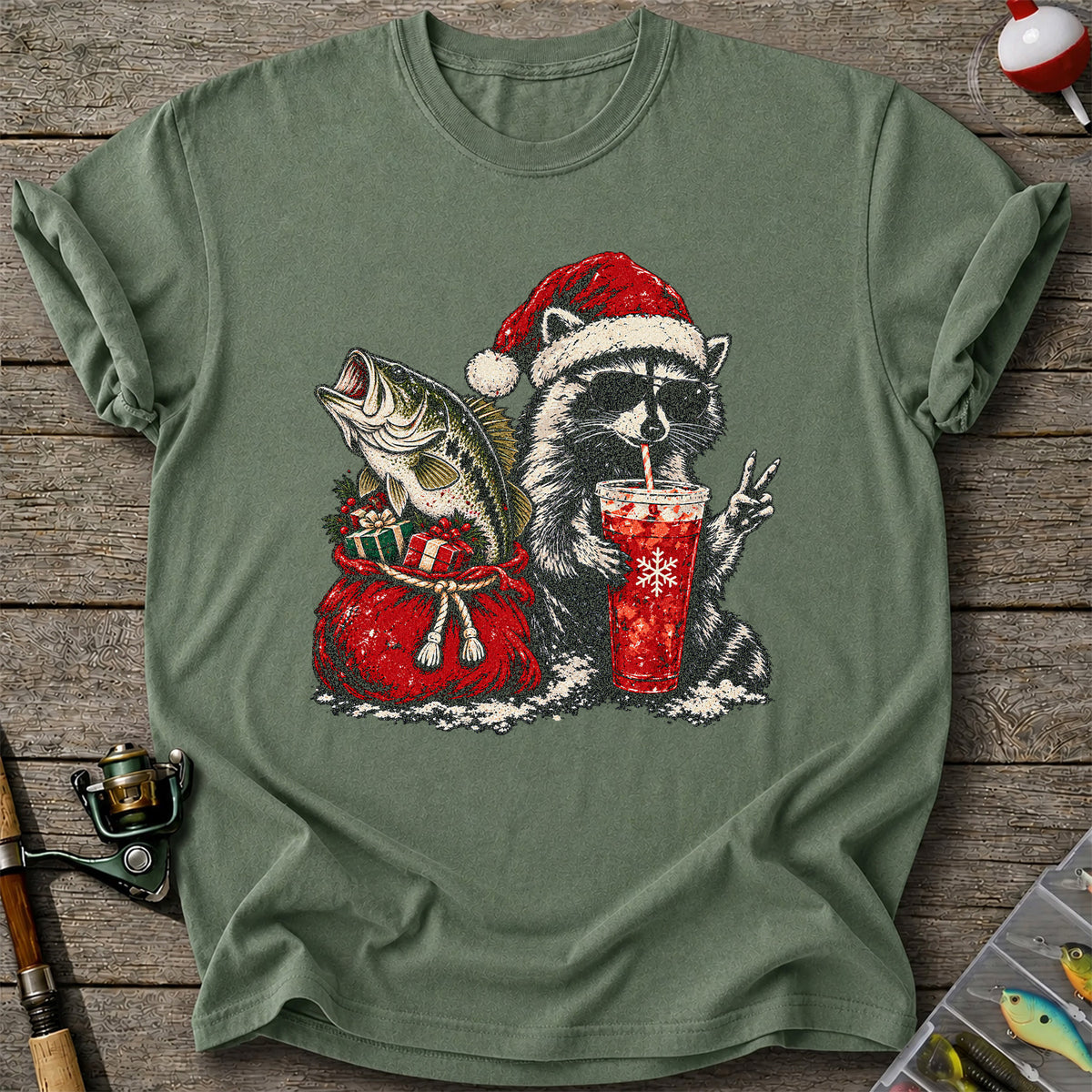 Santa Raccoon Sharing a Bass Christmas Fishing Graphic T-Shirt