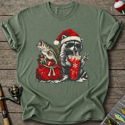 Santa Raccoon Sharing a Bass Christmas Fishing Graphic T-Shirt