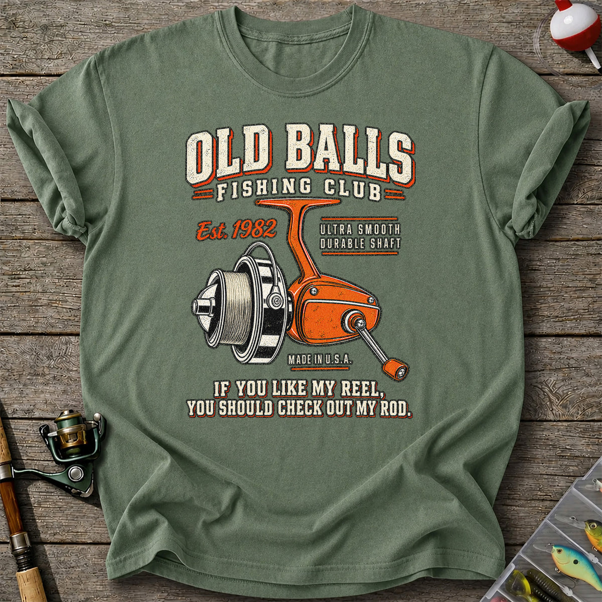 Old Balls Fishing Club Vintage Spinning Reel Graphic T-Shirt