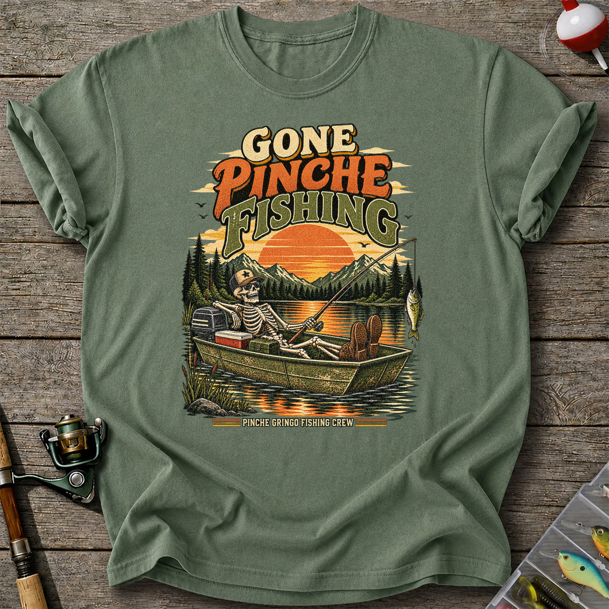 Gone Pinche Fishing Skeleton in a Boat Retro Graphic T-Shirt