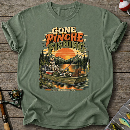 Gone Pinche Fishing Skeleton in a Boat Retro Graphic T-Shirt