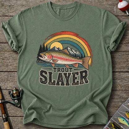 Trout Slayer Rainbow Trout Mountain Fishing Graphic T-Shirt
