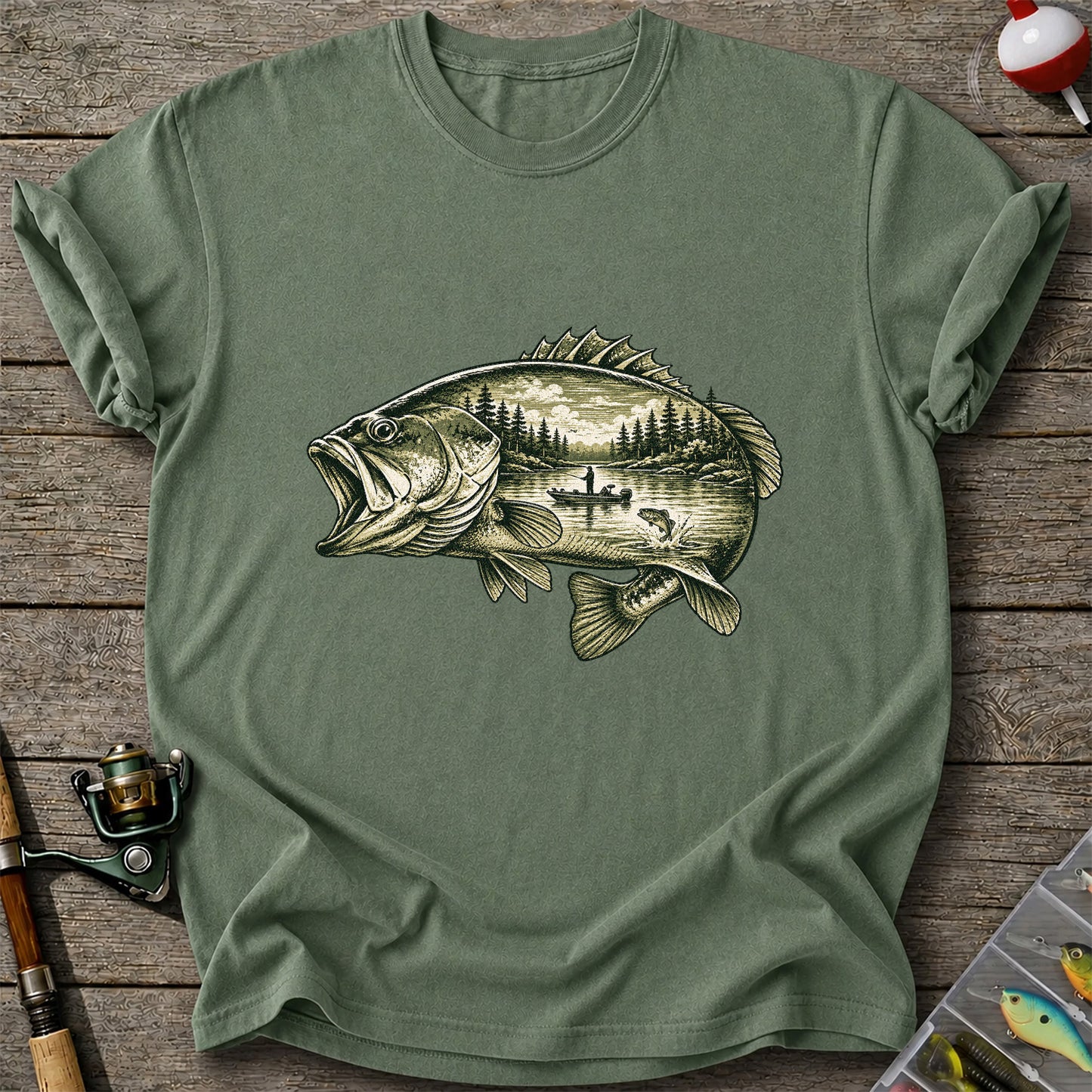 Vintage Bass Lake Fishing Scene Graphic T-Shirt