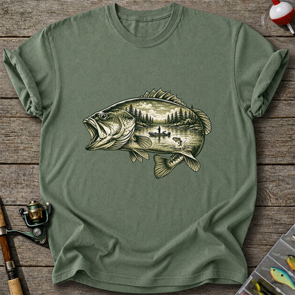 Vintage Bass Lake Fishing Scene Graphic T-Shirt