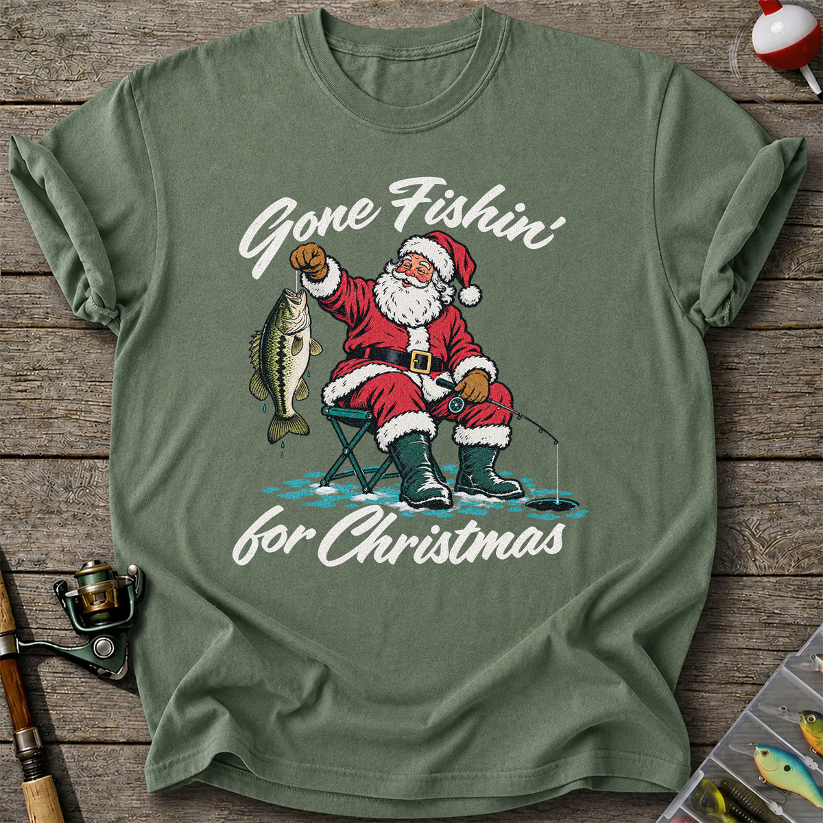 Santa Fishing with Bass Christmas Graphic T-Shirt