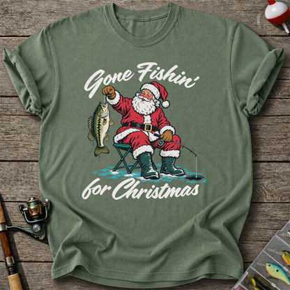 Santa Fishing with Bass Christmas Graphic T-Shirt