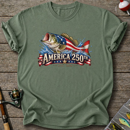 America 250th 1776–2026 American Flag Bass Fishing T-Shirt