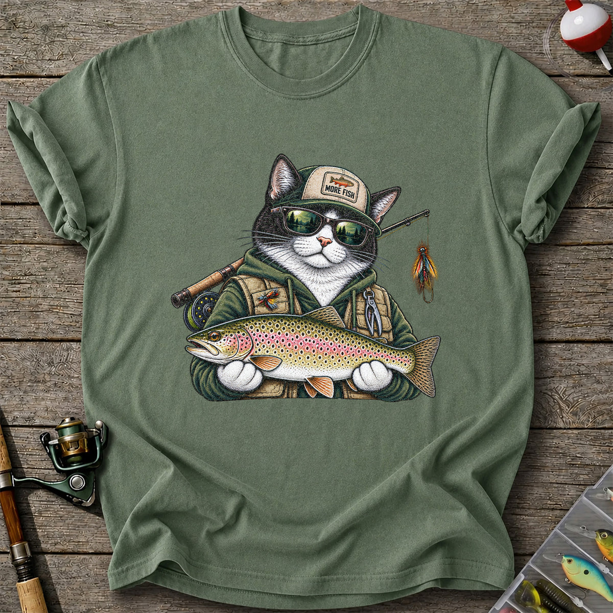 Cat Holding Rainbow Trout Fishing Graphic T-Shirt