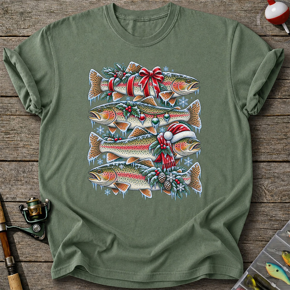 Festive Rainbow Trout Christmas Fishing Graphic T-Shirt
