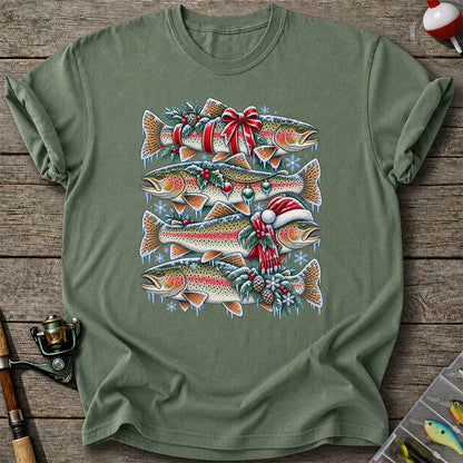Festive Rainbow Trout Christmas Fishing Graphic T-Shirt