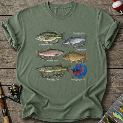 Bass Trout Catfish Carp Pike and Betta Freshwater Fish Graphic T-Shirt