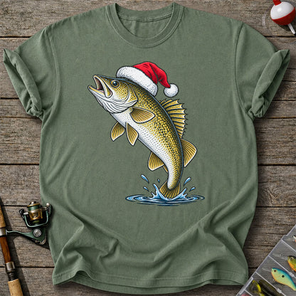 Santa Hat Walleye Christmas Fishing Graphic T-Shirt