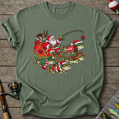 Santa Pulling Festive Bass Fishing Graphic T-Shirt