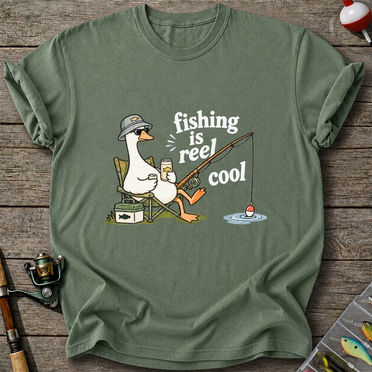 Fishing Is Reel Cool Funny Fishing Goose Graphic T-Shirt