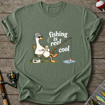Fishing Is Reel Cool Funny Fishing Goose Graphic T-Shirt