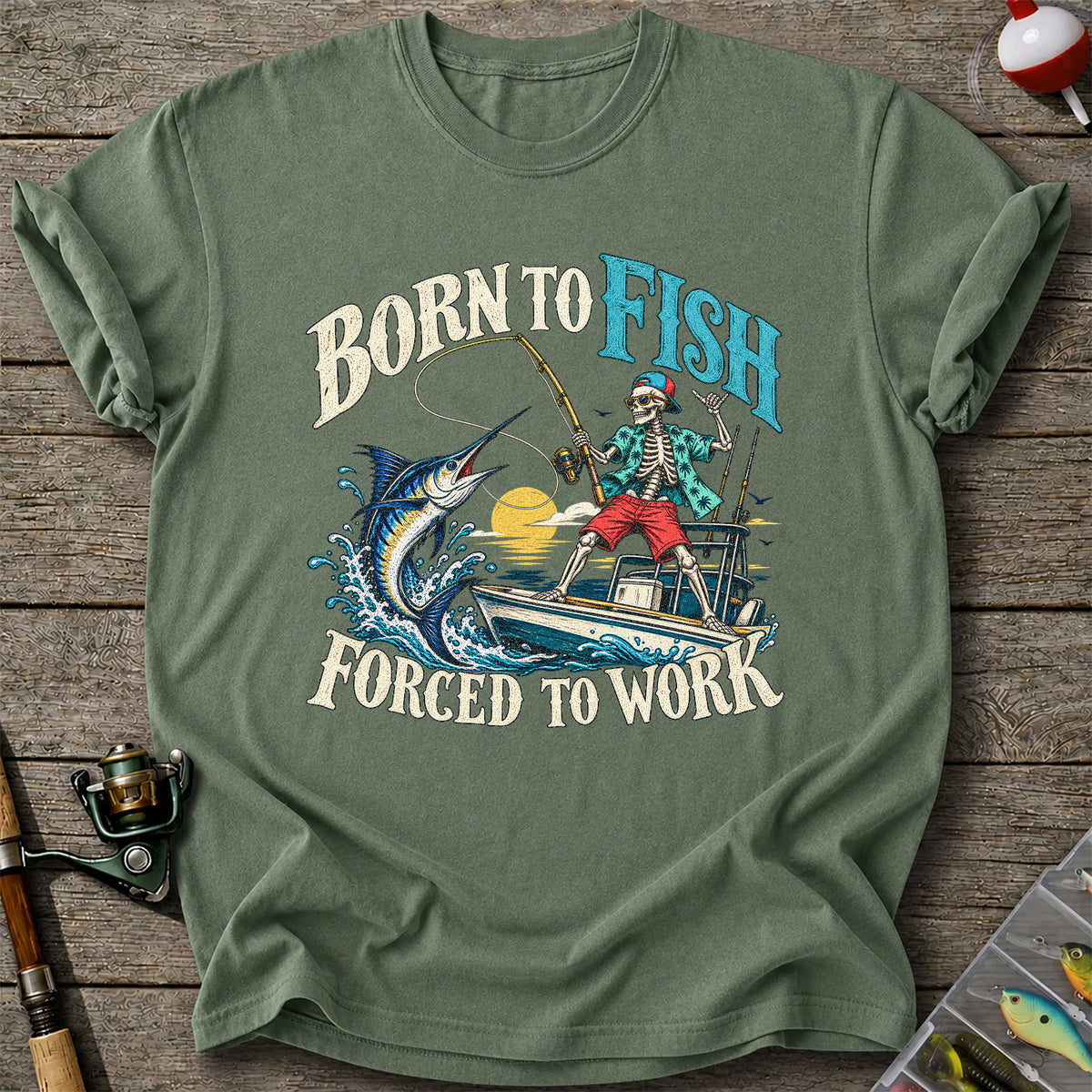 Skeleton Marlin Fishing Boat Graphic T-Shirt