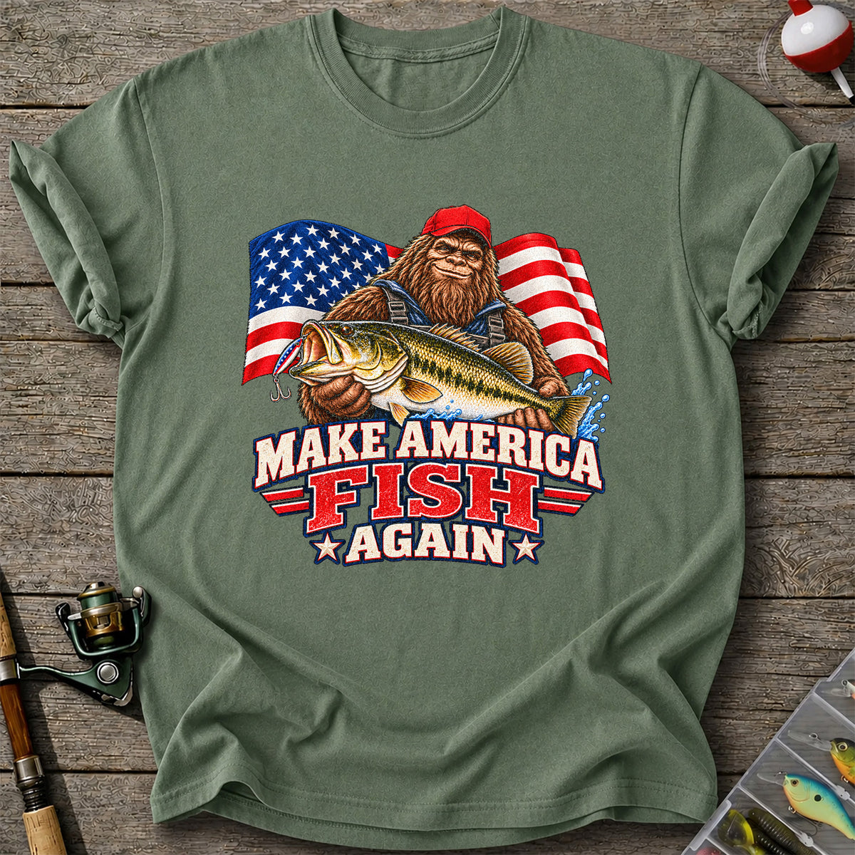 Make America Fish Again Bigfoot Bass Fishing T-Shirt
