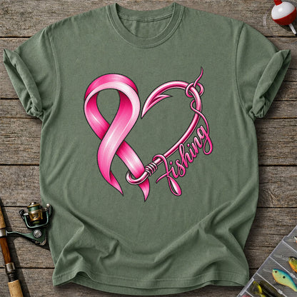 Pink Ribbon Heart Fish Hook Fishing Graphic T-Shirt