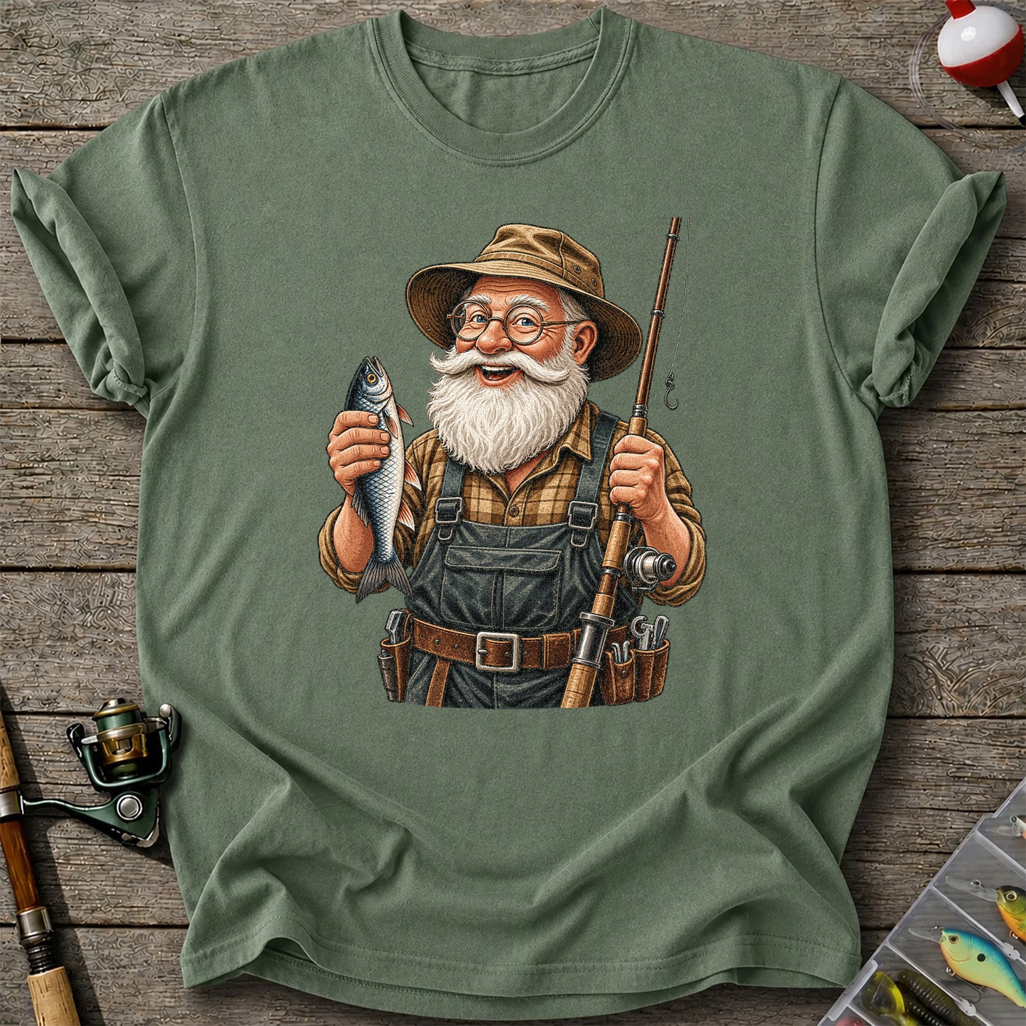Bearded Angler Holding a Fish and Fishing Rod Graphic T-Shirt